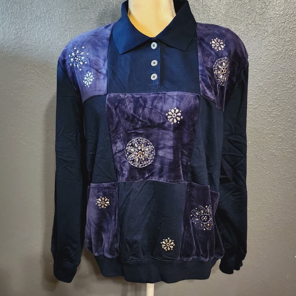 Alfred dunner Blue Velvet Patchwork Pullover Grannycore Artsy sweatshirt Size XL